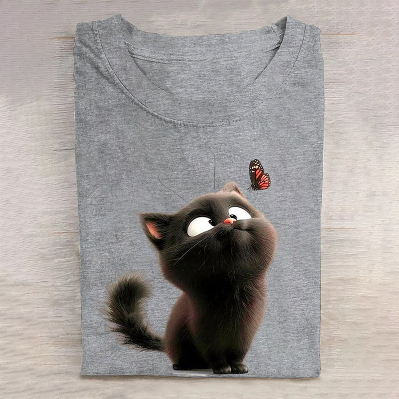 Comstylish Funny Cat Print Loose Crew Neck Casual T-Shirt