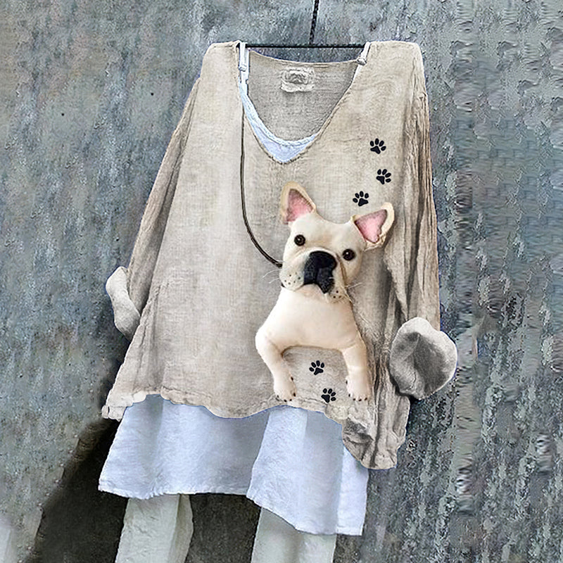 Comstylish Women's Fun French Bulldog Applique Art Linen Blend Vintage Shirt