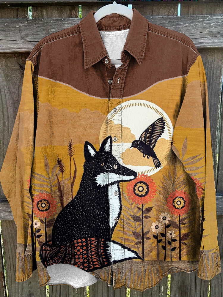 Vintage Fox Print Linen Blend Long Sleeve Shirt artswardrobe
