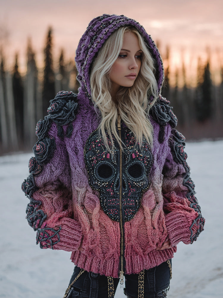Women's Vintage Celtic Skull Gradient Art Cozy Knitted Hooded Cardigan artswardrobe