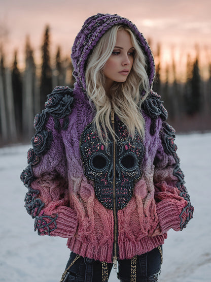 Women's Vintage Celtic Skull Gradient Art Cozy Knitted Hooded Cardigan artswardrobe
