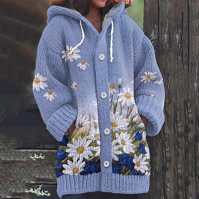 Daisy Print Knitted Hooded Cardigan artswardrobe