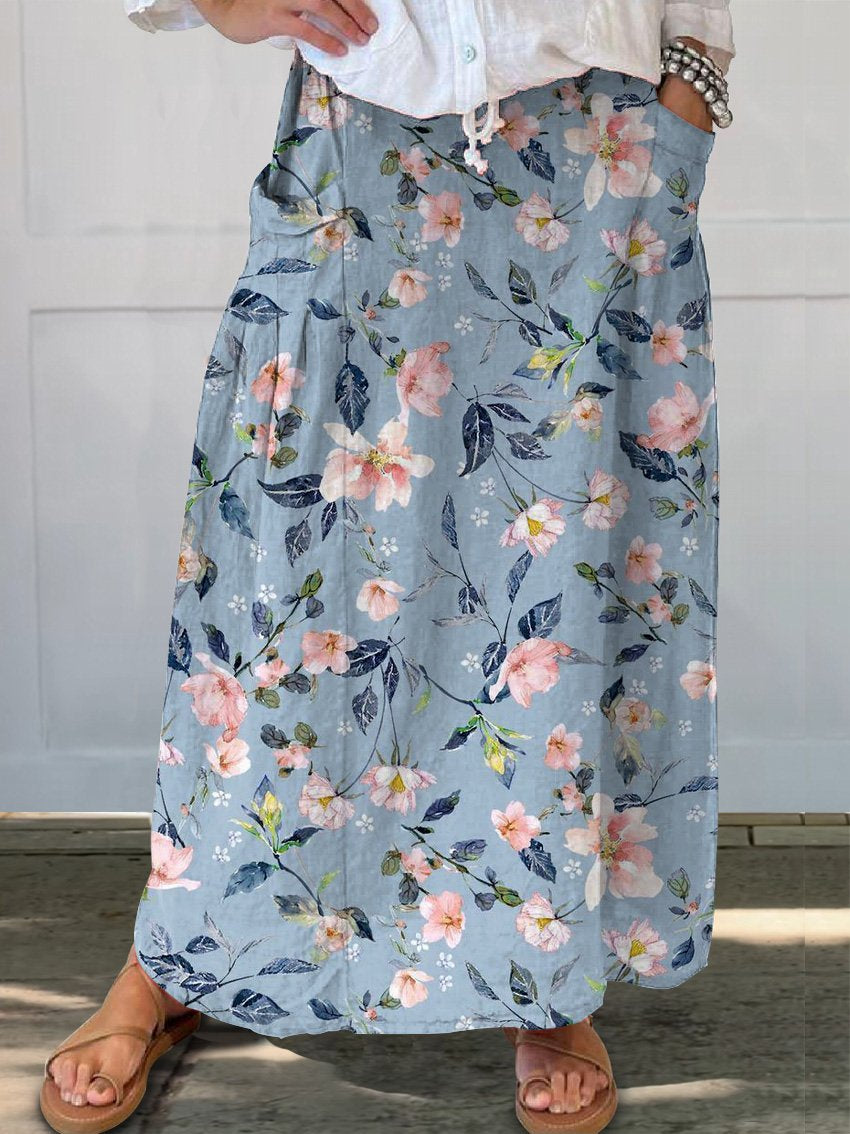 Spring Cherry Blossom Pattern Printed Women's Linen Pocket Skirt