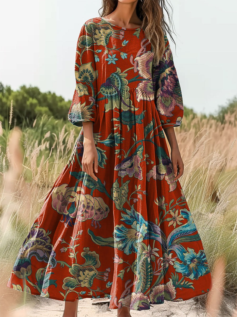 Women's Folk Art Floral Print Flowy Crew Neck Cotton Pocket Dress