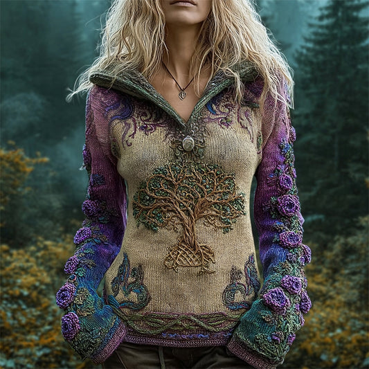 Vintage Viking Tree Of Life Knit Embroidered Women's Stand-up Sweater elevenforest