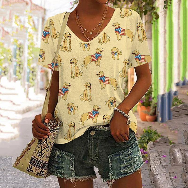 Comstylish Women's Independence Day Golden Retriever Print V-Neck T-Shirt
