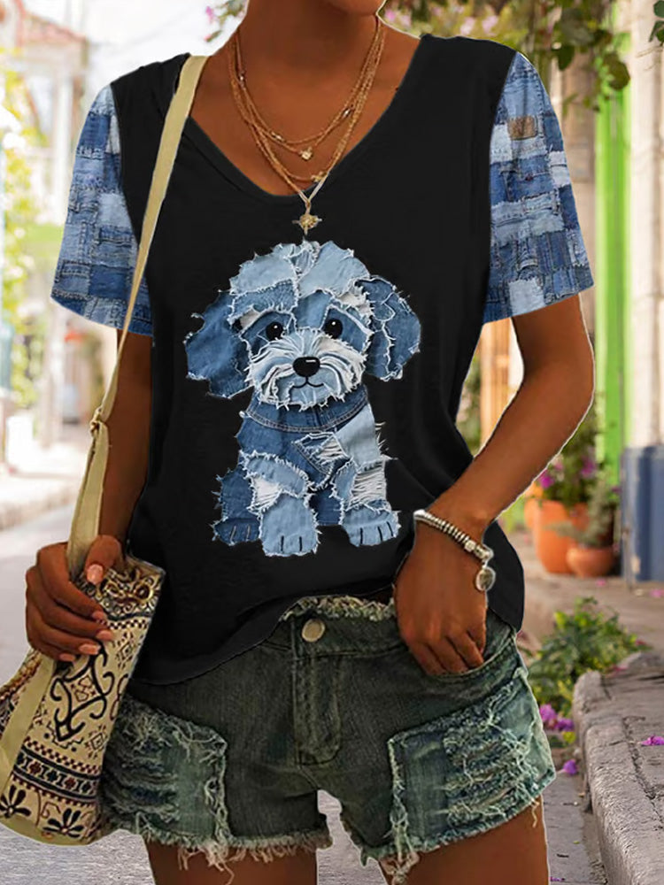 Comstylish Women's Retro Funny Animal Dog Print V Neck T-shirt