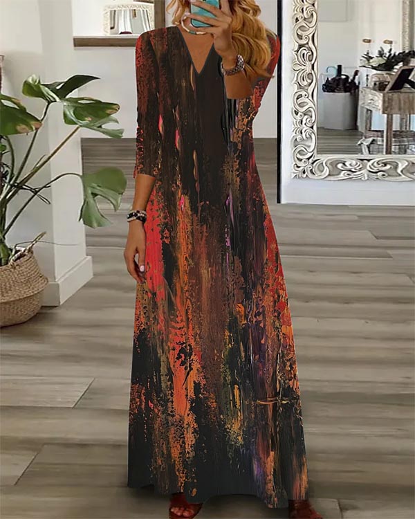 Casual Loose V-neck Long-sleeved Dress