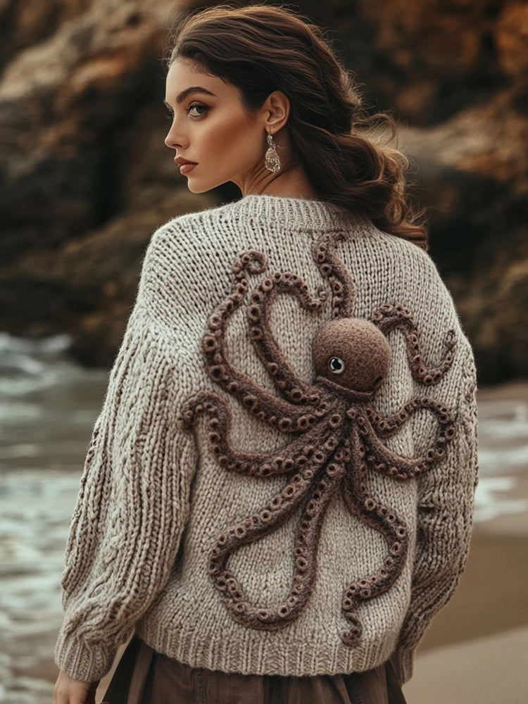 Women's Felt Octopus Pattern Cozy Knit Vintage Sweater artswardrobe