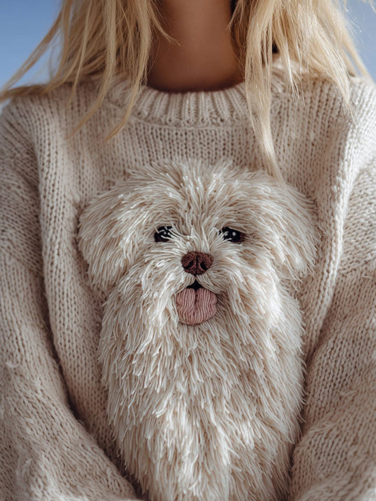Cute Fuzzy Dog Embroidered Crew Neck Cozy Sweater artswardrobe