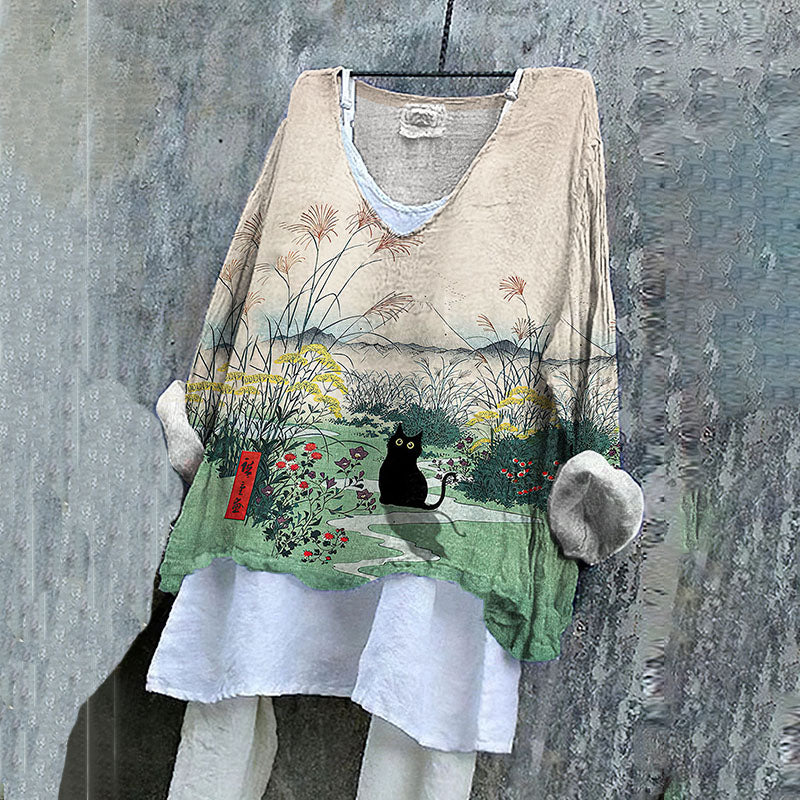 Women'S Flowers & Black Cat Print Shirt elevenforest