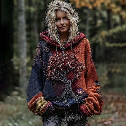 Tree Of Life Chunky Crochet Flower Hooded Sweater artswardrobe
