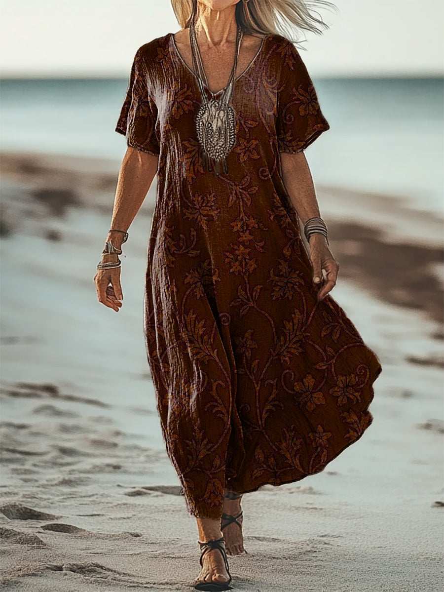 Women's Simple Flower Art Print V Neck Pocket Cotton Dress