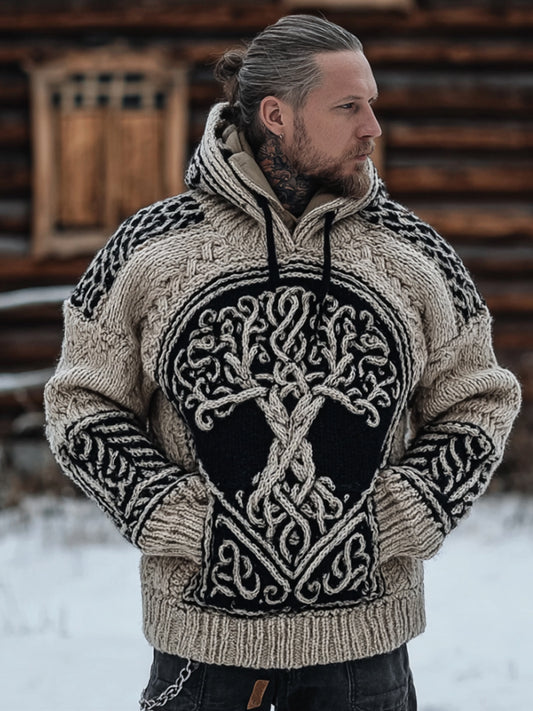 Men's Viking Style Tree Of Life Thick Needle Warm Hooded Sweater artswardrobe