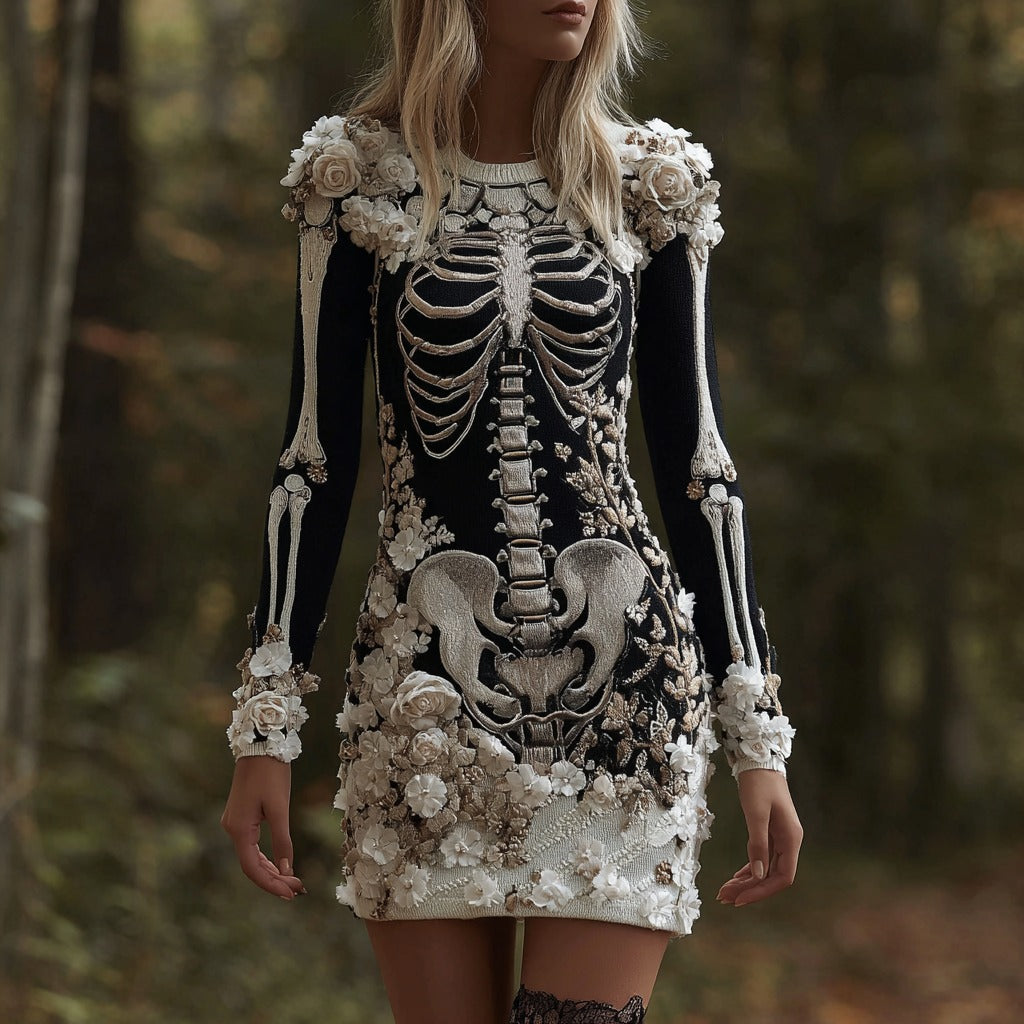 Classy Skull And Roses Art Cozy Knit Sweater Dress artswardrobe