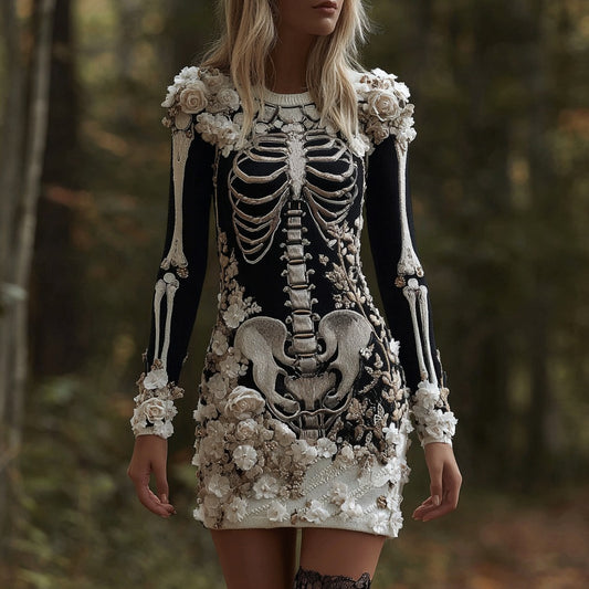 Classy Skull And Roses Art Cozy Knit Sweater Dress artswardrobe