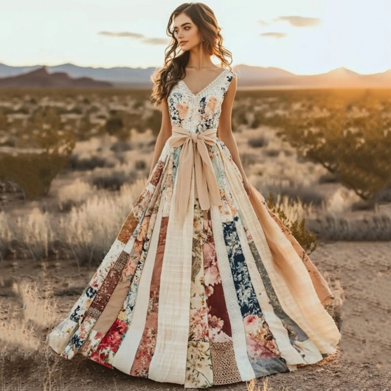 Women's Vintage Floral Patchwork Art V Neck Maxi Dress artswardrobe