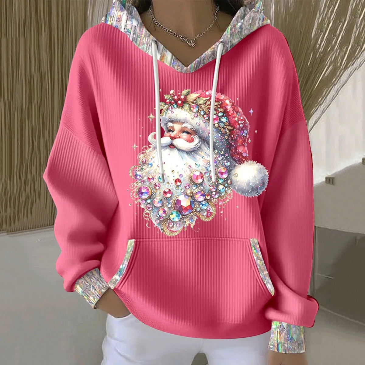 Comstylish Women's Christmas Santa Claus Print Long Sleeve Casual Hoodie