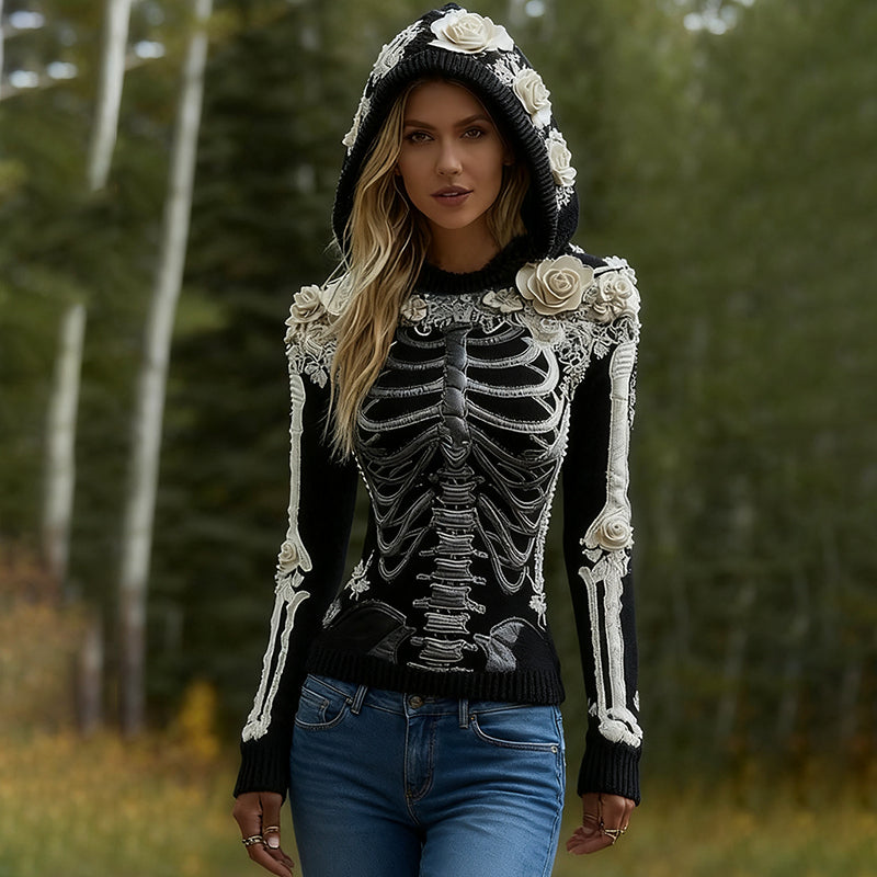 Women's Halloween Skeleton Bones With Roses Art Knitted Warm Hooded Sweater artswardrobe