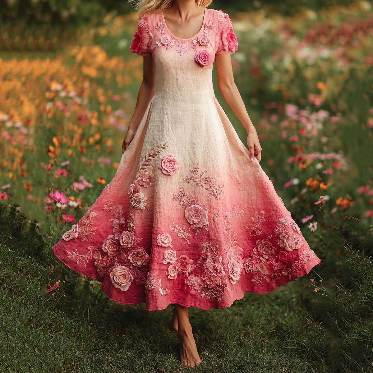 Pink Floral Embroidered Gradient Linen Maxi Dress artswardrobe