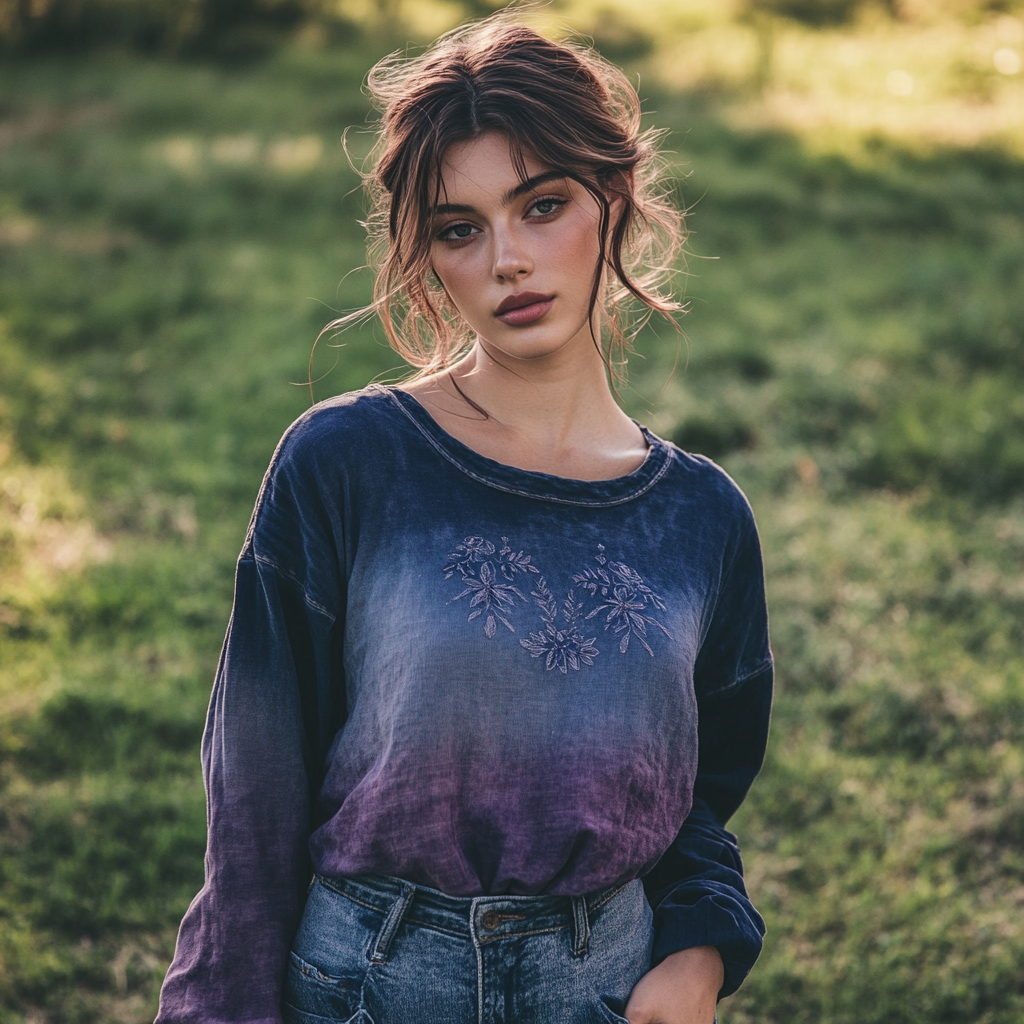 Boho Purple Floral Art Linen Blend Gradient Long Sleeve T-shirt artswardrobe