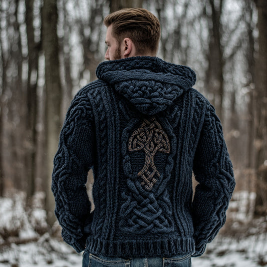 Men's Vintage Tree Of Life Celtic Knot Art Jacquard Thick Warm Zip Hooded Sweater Cardigan elevenforest