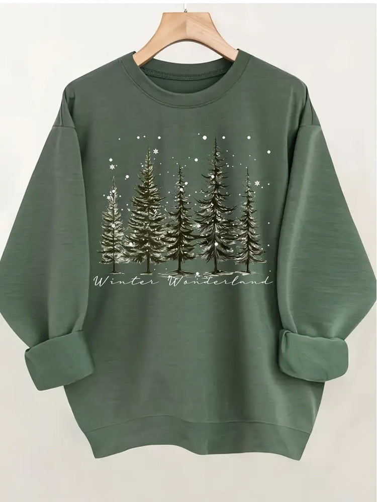Comstylish Winter Christmas Tree Print Round Neck Sweatshirt