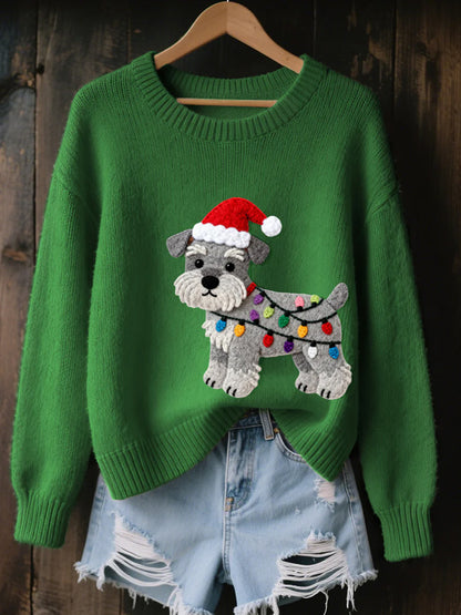 Women's Christmas Schnauzer Dog Felt Art Cozy Knit Sweater artswardrobe
