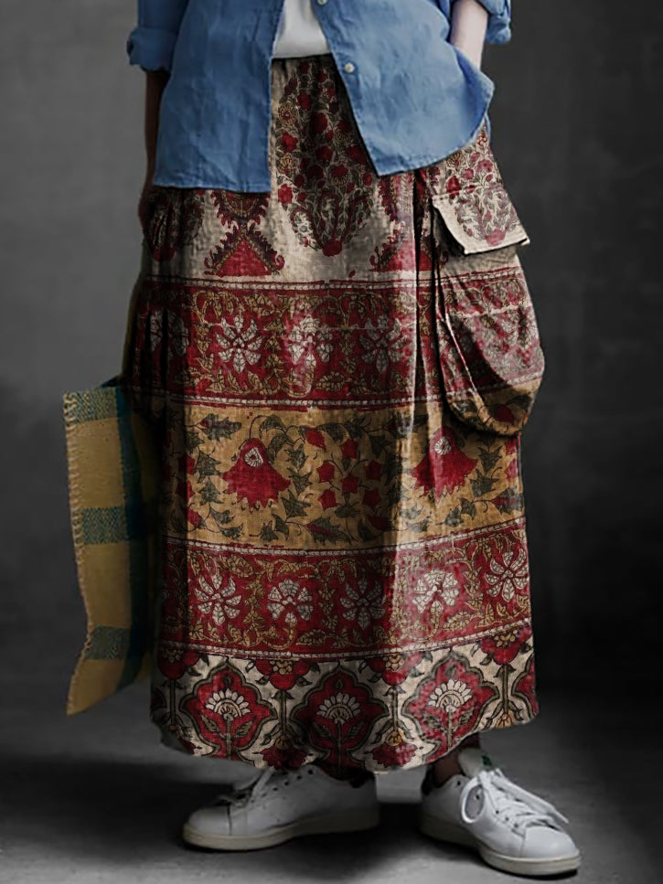 Women's Folk Floral Collage Art Print Casual Cotton and Linen Pocket S