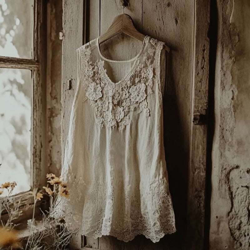 Vintage Lace Embroidery Art Linen Sleeveless Top artswardrobe