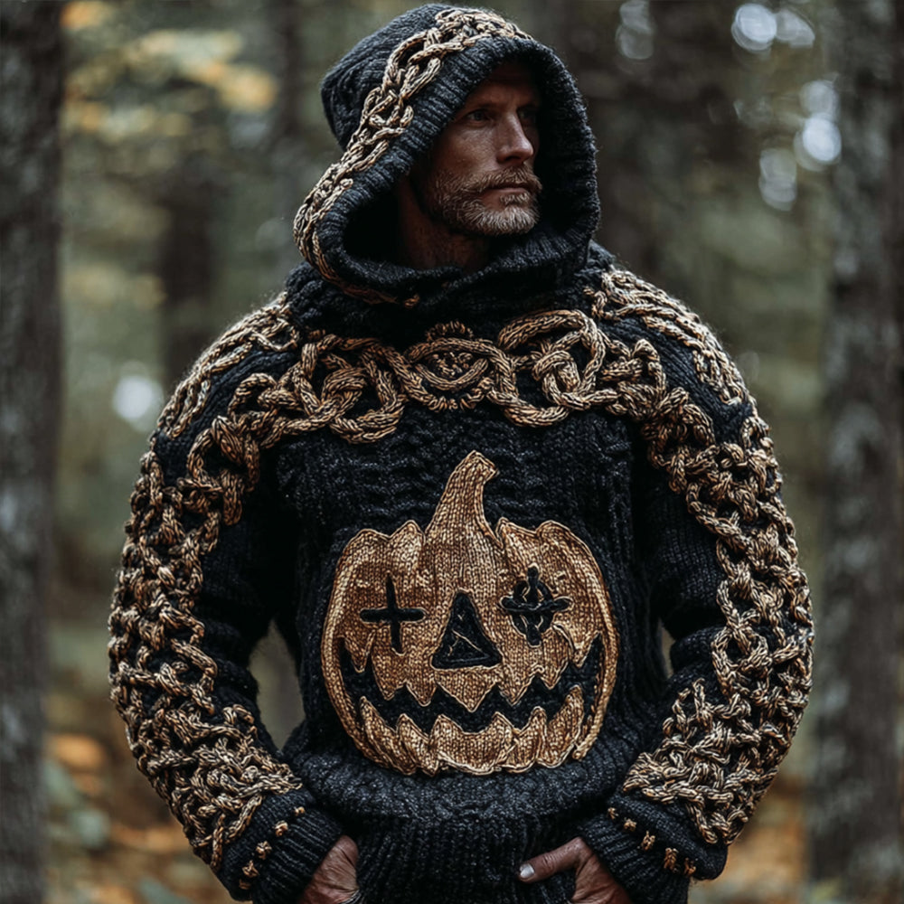 Men's Viking-style Evil Pumpkin Embroidery Hooded Sweater elevenforest