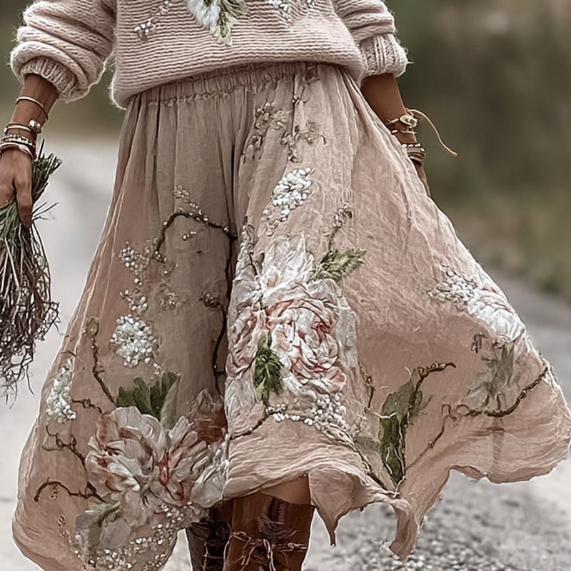 Vintage Rose In Pink Art Cozy Knit Turtleneck Sweater And Linen Skirt Two-piece Set elevenforest