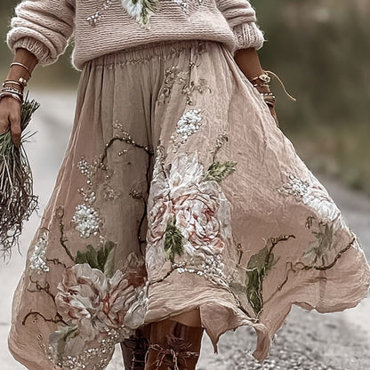 Vintage Rose In Pink Art Cozy Knit Turtleneck Sweater And Linen Skirt Two-piece Set elevenforest