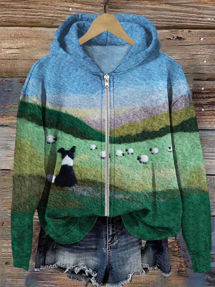 Comstylish Border Collie & Sheep Landscape Felt Art Full Zip Hoodie