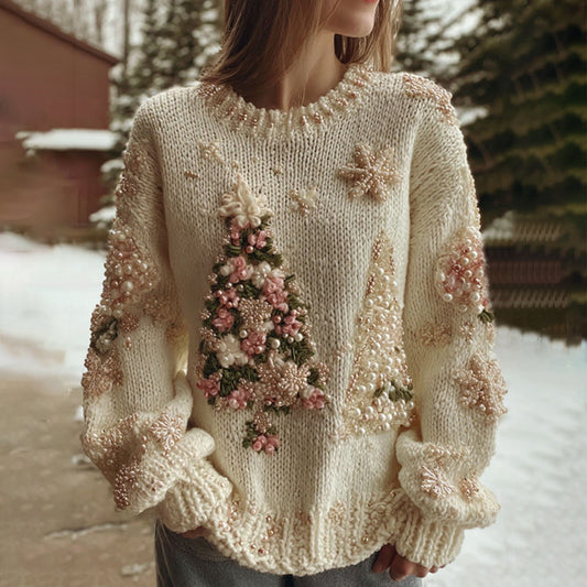 Women's White Christmas Tree Art Crew Neck Sweater artswardrobe