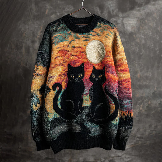 Vintage Halloween Black Cat Art Print Knit Pullover Sweater artswardrobe