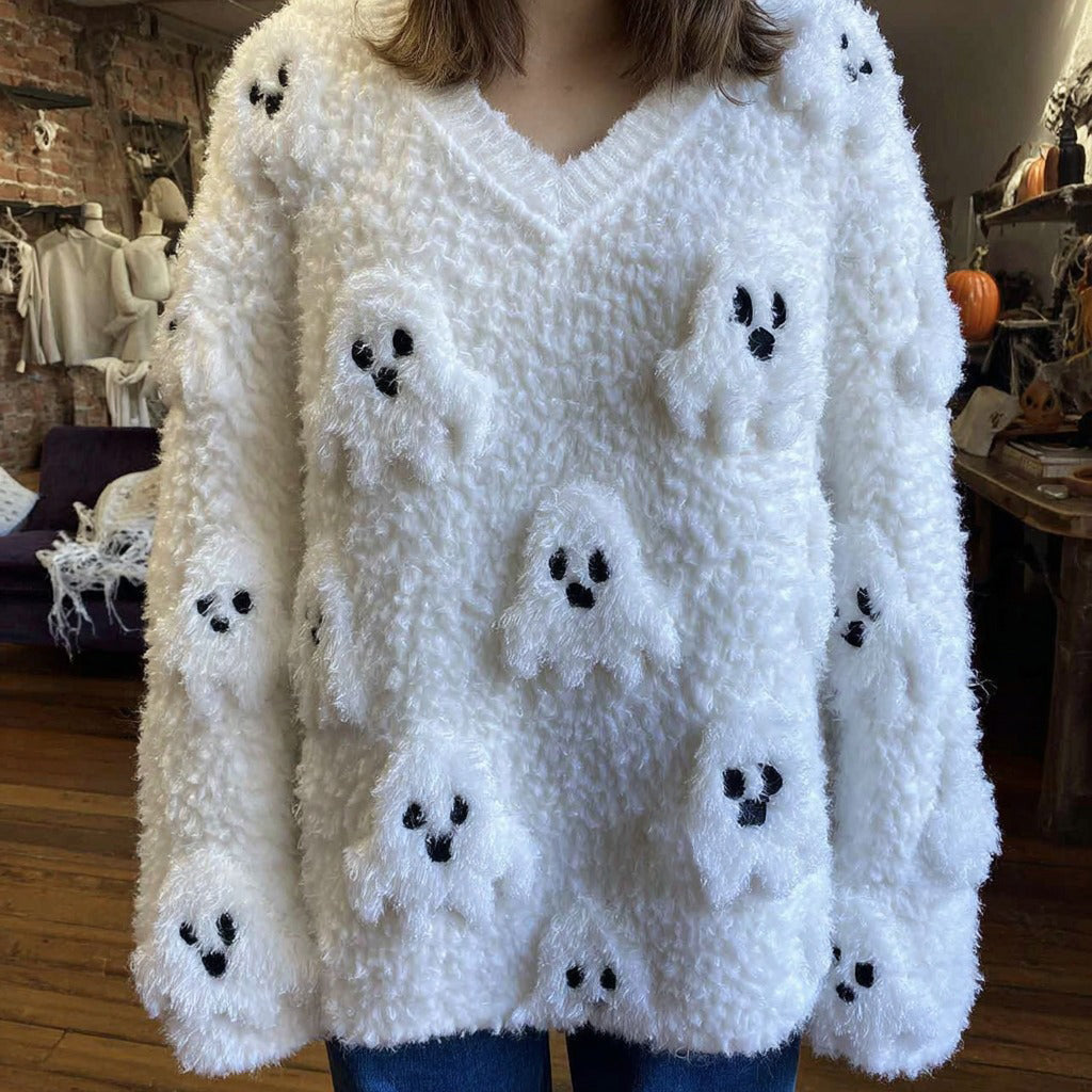 Halloween Cute Ghost Fluffy V-neck Cozy Fuzzy Sweater elevenforest