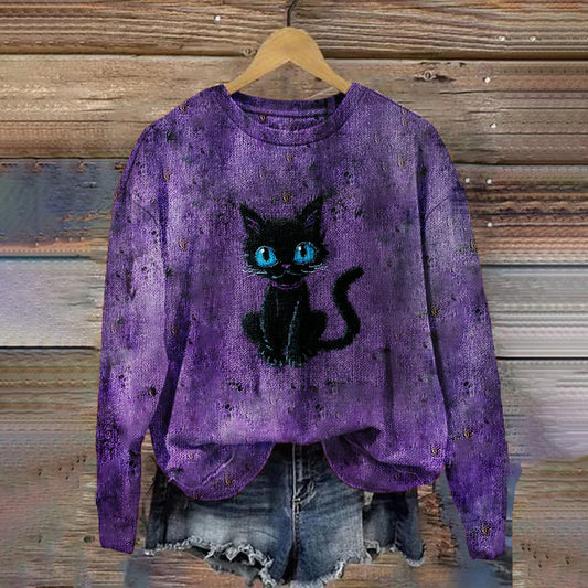 Halloween Blue-eyed Cat Purple Dirty Round Neck Sweater artswardrobe