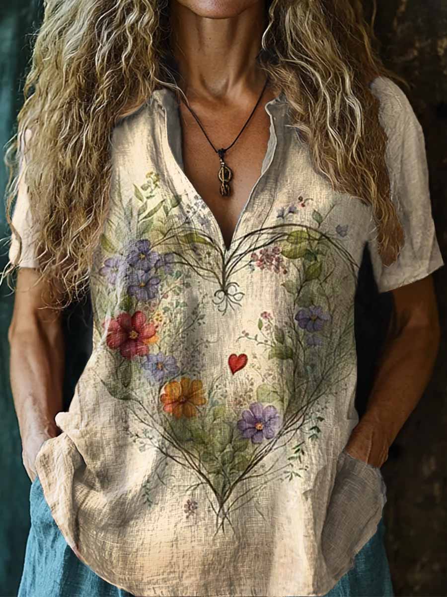 Women's Love Heart Floral Pattern Art Print Casual Short Sleeve Comfor