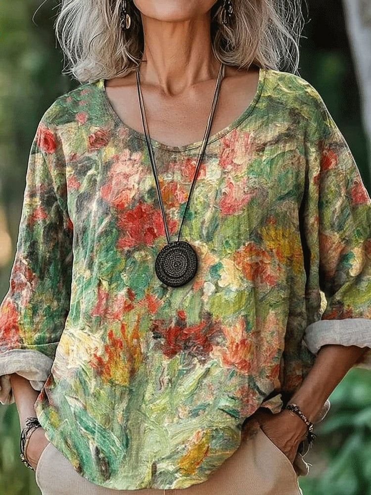 Vintage Oil Painting Floral Pattern Women's Linen Shirt artswardrobe