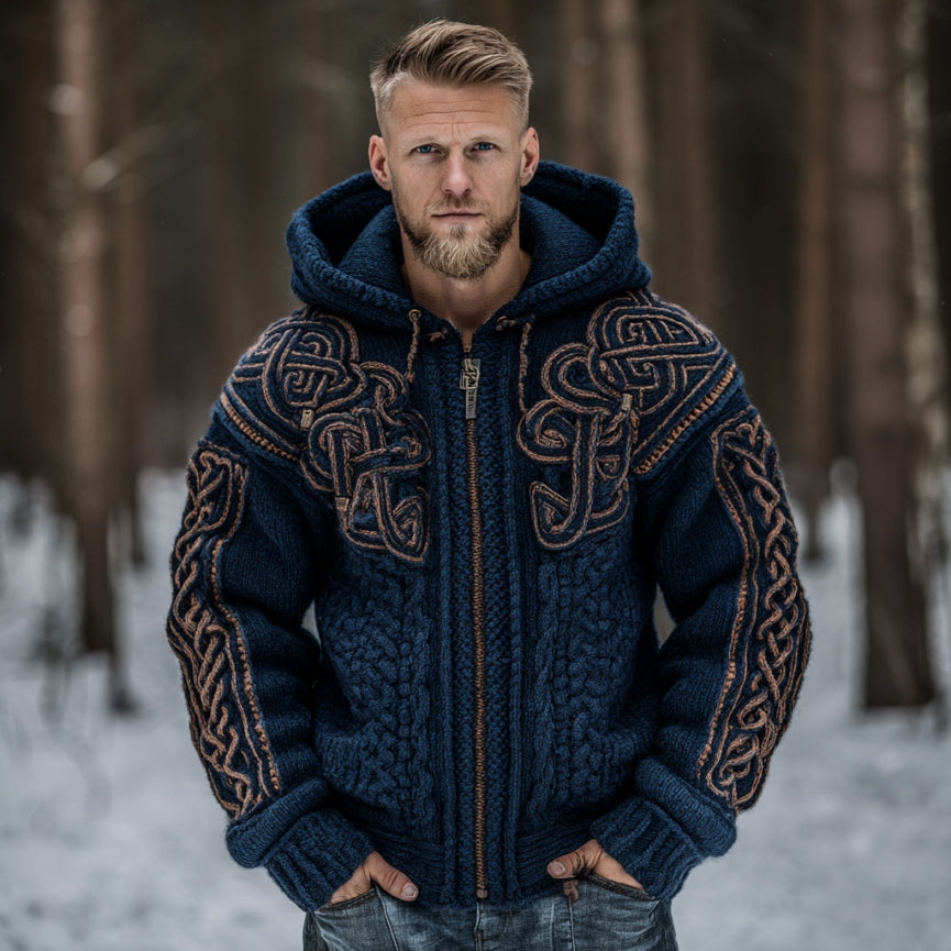 Men's Vintage Viking Celtic Knot Art Chunky Knit Hooded Zip-up Sweater artswardrobe