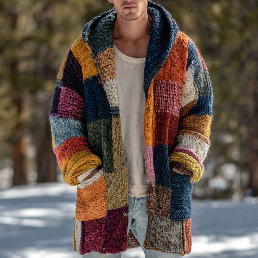 Men's Vintage Color Geometric Block Contrast Knit Hooded Sweater artswardrobe