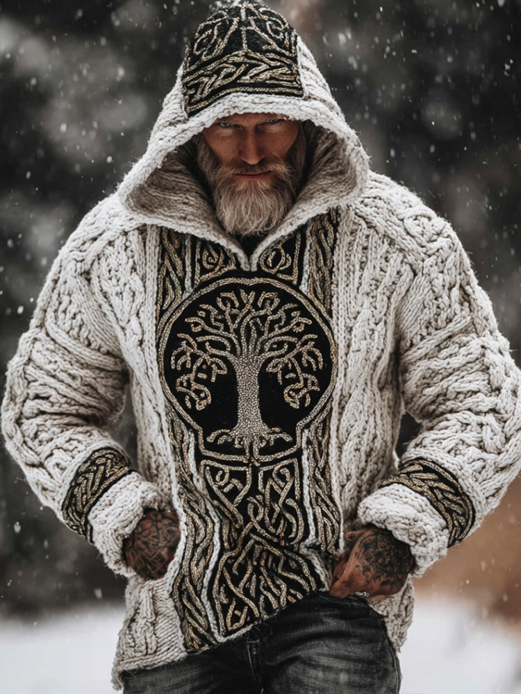 Men's Viking Style Tree Of Life White Thick Needle Hooded Sweater artswardrobe