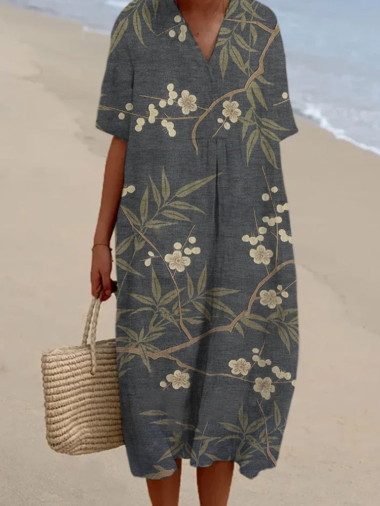 Japanese Floral Vintage Art Women's V-Neck Maxi Dress
