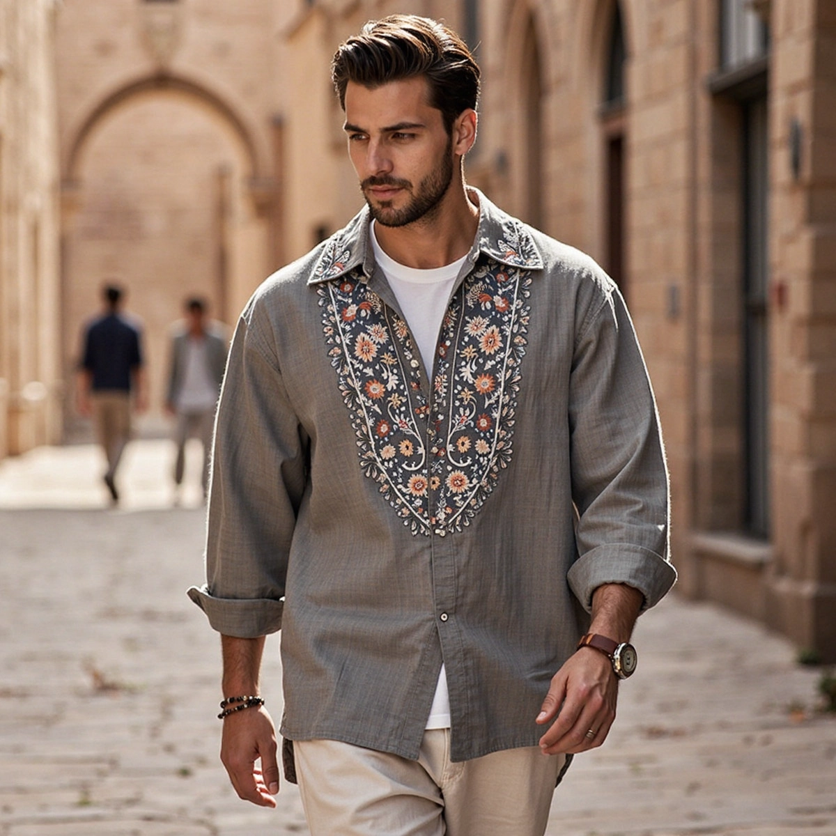 Men's Boho Floral Embroidered Linen Long Sleeve Shirt artswardrobe