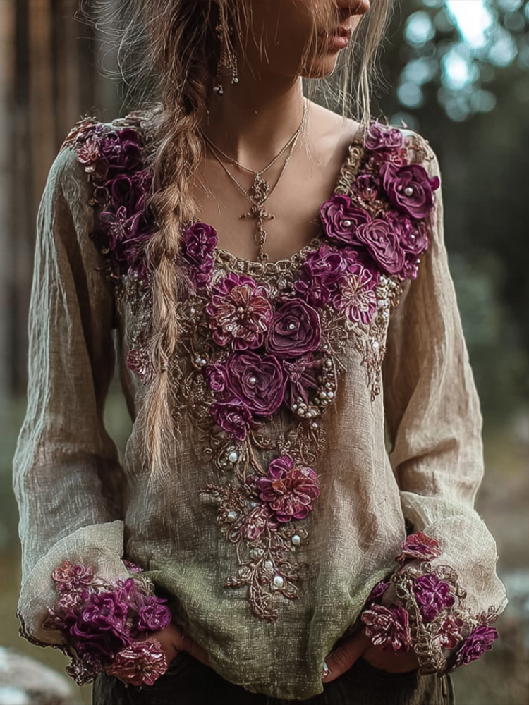 Comstylish Bohemian Style Round Neck Long Sleeve 3d Purple Flower Design Cotton And Linen Top For Women