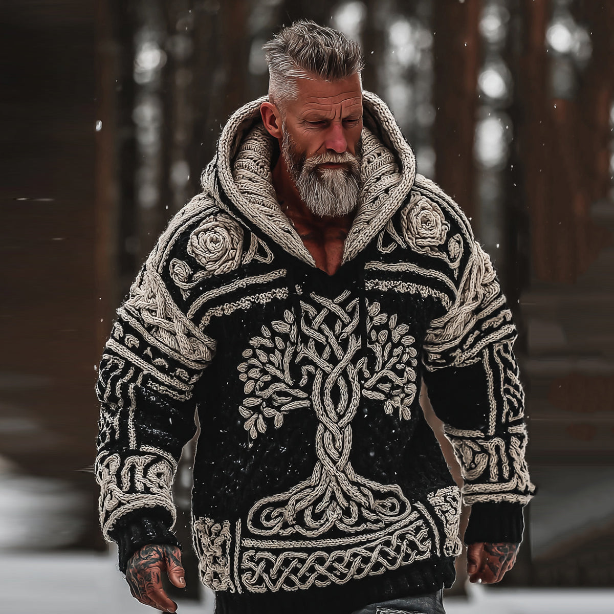Men's Viking Tree Of Life And Rose Style Celtic Thick Hooded Sweater artswardrobe