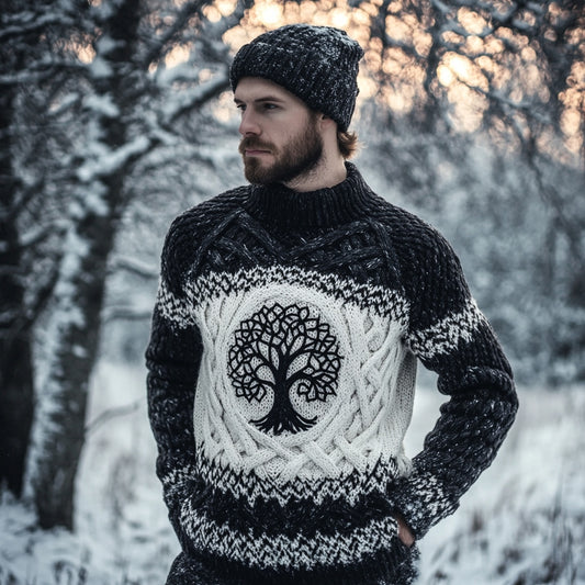 Men's Viking Celtic Tree Of Life Jacquard Contrast Sweater artswardrobe