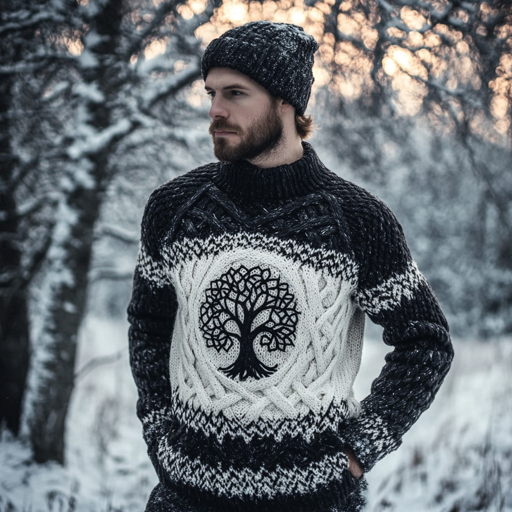 Men's Viking Celtic Tree Of Life Jacquard Contrast Sweater elevenforest