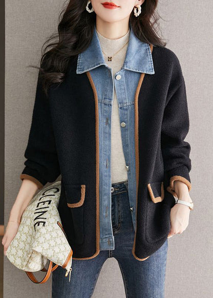 Cappotto in lana nero unico con colletto alla Peter Pan, patchwork di jeans, effetto due pezzi, autunno